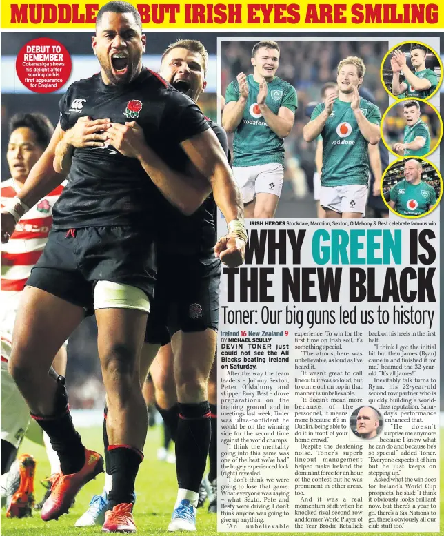  ??  ?? DEBUT TO REMEMBER Cokanasiga shows his delight after scoring on his first appearance for England Stockdale, Marmion, Sexton, O’Mahony &amp; Best celebrate famous win