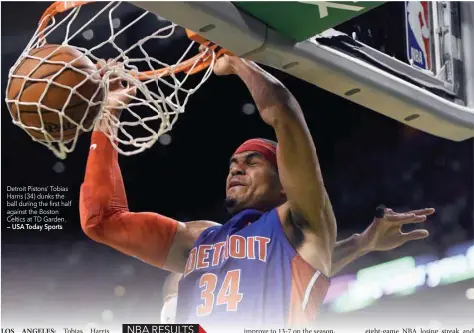  ?? — USA Today Sports ?? Detroit Pistons’ Tobias Harris (34) dunks the ball during the first half against the Boston Celtics at TD Garden.