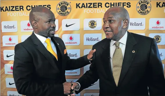  ?? PHOTO: VELI NHLAPO ?? RENEWED TIES: New Kaizer Chiefs coach Steve Komphela and the club ’ s boss Kaizer Motaung during a press conference in Naturena, Johannesbu­rg, yesterday