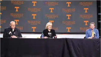  ?? PHOTO BY ANDREW FERGUSON/TENNESSEE ATHLETICS ?? Tennessee Athletic Director Phillip Fulmer, Chancellor Donde Plowman and President Randy Boyd answer questions about the firing of Jeremy Pruitt during a news conference Monday in Knoxville.