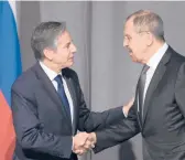  ?? JONATHAN NACKSTRAND/ POOL VIA AP ?? Antony Blinken, left, and Sergey Lavrov greet each other on Thursday in Stockholm.