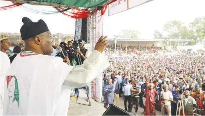  ??  ?? Presidenti­al candidate of the Peoples Democratic Party (PDP) and former Vice President of Nigeria, Atiku Abubakar addressing the crowd of supporters at the venue of the PDP Presidenti­al campaign rally in Lafia, Nasarawa State on Thursday.