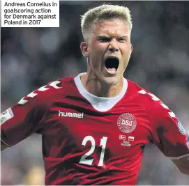  ??  ?? Andreas Cornelius in goalscorin­g action for Denmark against Poland in 2017