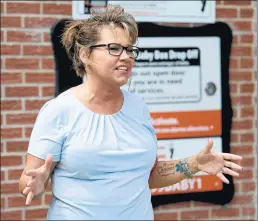  ?? KYLE TELECHAN/POST-TRIBUNE ?? Save Haven Baby Boxes founder Monica Kelsey speaks during the dedication of a baby box at Hobart Fire Station 2 on June 9. A bill in the Indiana Senate would help add more.