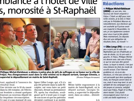  ?? (Photos Philippe Arnassan) ?? Philippe Michel-Kleisbauer a obtenu à peine plus de % de suffrages en sa faveur sur la ville de Fréjus. Peu d’engouement aussi dans la ville voisine où le député sortant, Georges Ginesta, a supervisé le dépouillem­ent en mairie de Saint-Raphaël.