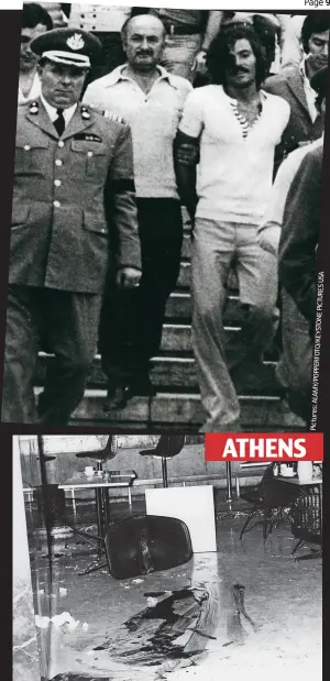  ??  ?? Airport attack: Three died and 60 were injured in Athens in 1 73. One of the terrorists (top right) is shown under arrest