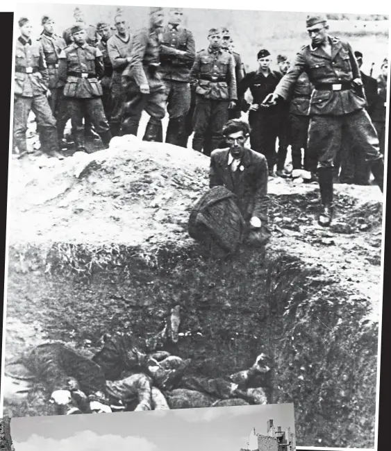  ??  ?? Horror: An SS officer prepares to shoot a Polish Jew kneeling at a grave filled with victims and (below) ruined Warsaw