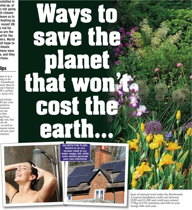  ?? ?? GO WITH THE FLOW: Switch to an eco shower head to cut water usage, left, while solar panels generate your own electricit­y