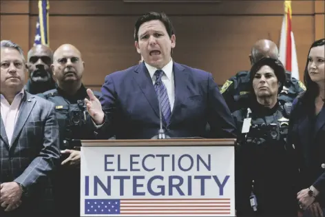  ?? AP PHOTO/AMY BETH BENNETT ?? Florida Gov. Ron DeSantis speaks during a news conference at the Broward County Courthouse in Fort Lauderdale, Fla., on Aug. 18.