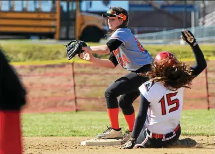  ?? SAM STEWART - DIGITAL FIRST MEDIA ?? Perkiomen Valley second baseman Jess Ott catches a flip from shortstop Jordan Sell and tries to turn two as Boyertown’s Alyssa Acker (15) slides in.