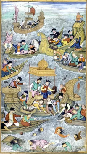  ??  ?? Violences maritimes Sur cette illustrati­on indienne (début du xviie siècle), le sultan du Gujarat Bahadur chah saute à l’eau face aux Portugais. Si la violence existait avant l’arrivée de ces derniers, elle change d’échelle au xvie siècle, avec la...