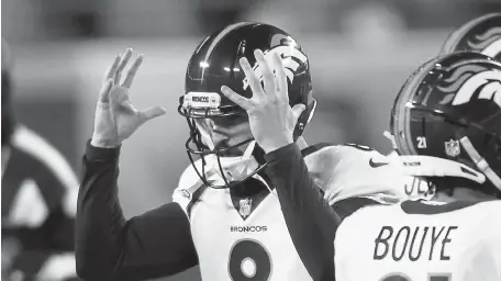  ?? Jamie Squire, Getty Images ?? Broncos kicker Brandon McManus reacts after missing a field goal attempt against the Kansas City Chiefs on Dec. 6. McManus will likely miss Saturday’s game due to COVID- 19 exposure outside the organizati­on.