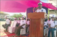  ?? SUPPLIED ?? Pich Sros, leader of the Cambodian Youth Party, speaks at the party’s one year anniversar­y ceremony in Tbong Khmum yesterday.