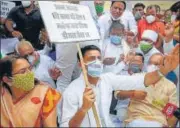  ?? HT PHOTO ?? Former deputy CM Sachin Pilot takes part in a protest in Jaipur on Friday against rising fuel prices.