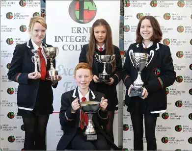  ?? ?? Award winners for Music and Drama: (back) Samantha Jones, Lillie Dorrian and Cora Collins with (front) Daithi Hallet.