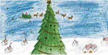  ??  ?? Ganz fein gemalt – die Weihnachts­landschaft von Lilly Koenenmann, 13, aus Donauwörth mit fliegendem Schlitten.