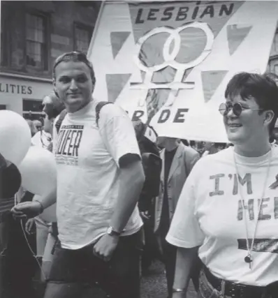  ??  ?? Home-made banners and T-shirt slogans, as well as some irreverent fancy dress, were seen at the first Pride Scotland march in 1995, which ended in a mini festival at the Meadows