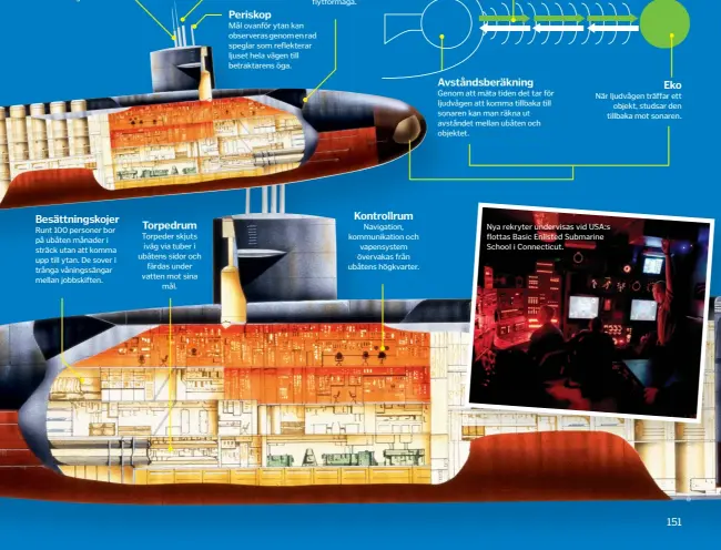  ??  ?? Snorkel
I ytläge kan ubåten ta in luft via sin snorkel, men när den dyker används syre som utvinns ombord eller finns lagrat.
Besättning­skojer
Runt 100 personer bor på ubåten månader i sträck utan att komma upp till ytan. De sover i trånga...