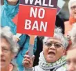  ?? TED S. WARREN, AP ?? Protesters gather outside a court hearing in Seattle over President Trump’s travel order.