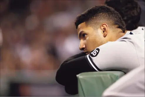  ?? Winslow Townson / Getty Images ?? The Yankees’ Gleyber Torres reacts against the Boston Red Sox during the eighth inning of the American League Wild Card game at Fenway Park on Tuesday in Boston.