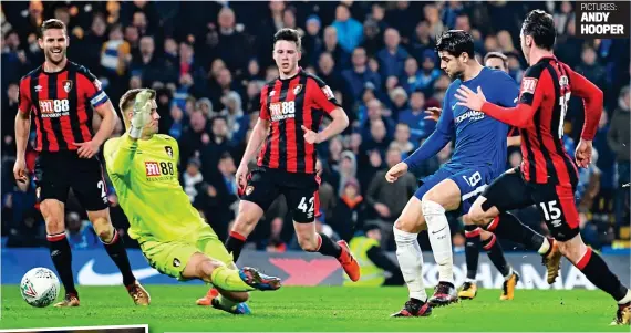  ?? PICTURES: ANDY HOOPER ?? Playing it cool: Morata calmly slots home the winner and Willian (left) celebrates his early opener