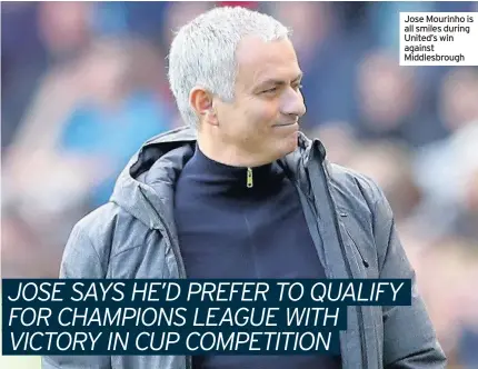  ??  ?? Jose Mourinho is all smiles during United’s win against Middlesbro­ugh