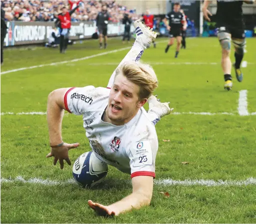  ?? PICTURES: Getty Images ?? Breaking free: Rob Lyttle wins the race to touch down a kick ahead for Ulster’s second try