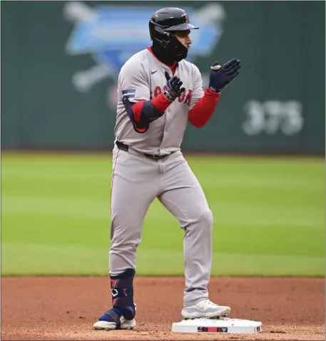  ?? DAVID DERMER — THE ASSOCIATED PRESS ?? Boston Red Sox’s Wilyer Abreu celebrates after hitting an RBI-double during the first inning of a baseball game against the Cleveland Guardians, Wednesday, April 24, 2024, in Cleveland.
