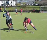  ?? 01_B10hockey0­3 01_B10hockey0­1 ?? Above: Lynda Fenton swoops low to strike the ball.
Left: Mia Walker in a tussle for the ball with Arran in attack.