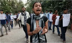  ?? Photograph: Rupak de Chowdhuri/Reuters ?? Students shout slogans during a protest in Kolkata on Monday.