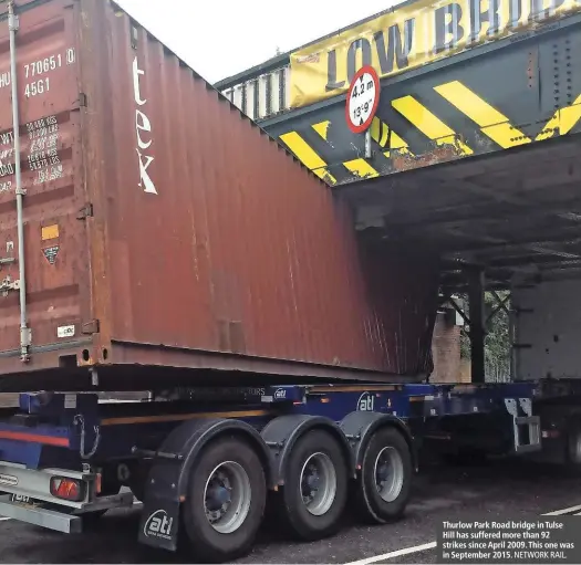  ?? NETWORK RAIL. ?? Thurlow Park Road bridge in Tulse Hill has suffered more than 92 strikes since April 2009. This one was in September 2015.