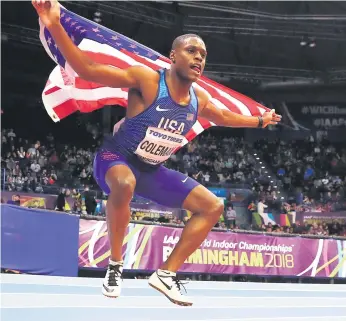  ?? Picture: AFP ?? HIGH JINKS. US sprinter Christian Coleman celebrates after winning the 60m final at the IAAF World Indoor Athletics Championsh­ips on Saturday.