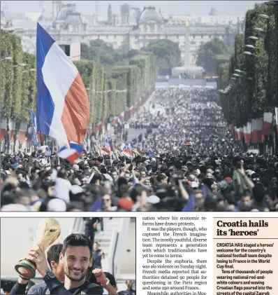  ??  ?? Top, the crowd on the Champs-Elysees gathers to welcome the French team in a parade after their victory in the World Cup Final; above, goalkeeper Hugo Lloris with the trophy.