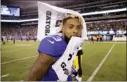  ?? JULIO CORTEZ — THE ASSOCIATED PRESS ?? In this Aug. 11, 2017, file photo, New York Giants wide receiver Odell Beckham (13) walks off the field after a preseason NFL football game against the Pittsburgh Steelers, in East Rutherford, N.J.