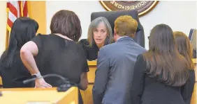  ?? JIM THOMPSON/JOURNAL ?? Judge Alisa Hart talks with attorneys before the start of the sentencing hearing for Nehemiah Griego on Tuesday.