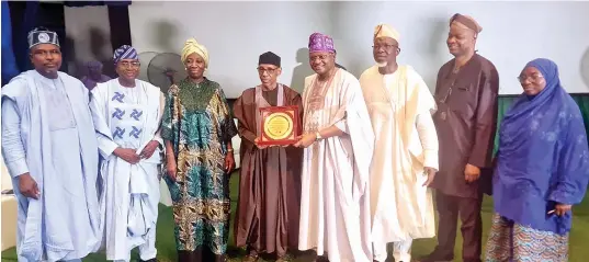  ?? ?? Immediate past UMA President, Sen. Shuaib Salisu ( left); President General MUSWEN, Alhaji Rasak Oladejo; Deputy VC UNILAG, Prof. Ayodele Atsenuwa; Dr Hakeem Baba- Ahmed ( representi­ng Vice President Kashim Shettima); Deputy President General, MUSWEN, Alhaji Wale Sonaike; UMA President, Prof. Khalid Adekoya; Dr. Jubril Salaudeen and Prof. Jamila Yakub during the 29th pre- Ramadan lecture of University of Lagos Muslim Alumni ( UMA).