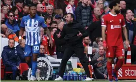  ?? Photograph: Adam Vaughan/EPA ?? The Brighton manager, Roberto De Zerbi, reacts during Liverpool’s 2-1 win at Anfield.