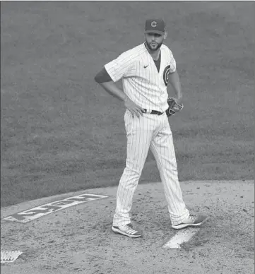  ?? CHRIS SWEDA/CHICAGO TRIBUNE ?? Cubs relief pitcher Ryan Tepera reacts after giving a run-scoring single against the Cardinals on Sept. 5 atWrigley Field.