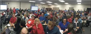  ?? COURTESY OF MICHELLE ORGON ?? Dozens of Lodi Unified School District teachers attended Tuesday’s Board of Education meeting to air concerns over increased class sizes and low pay.