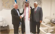  ??  ?? SAUDI BLOGGER Mahmoud Saud (center) meets yesterday with Foreign Affairs and Defense Committee chairman Avi Dichter (left) and Hassan Kaabia, the Foreign Ministry’s Arabic-language spokesman, on the right.