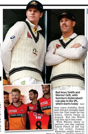  ?? PA/AP ?? Bad boys: Smith and Warner (left, with Sunrisers Hyderabad) can play in the IPL, which starts today