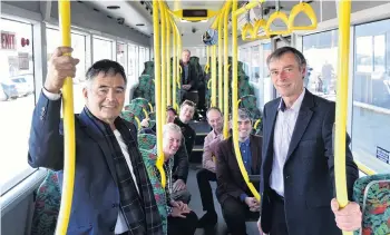  ?? PHOTO: PETER MCINTOSH ?? Gratis . . . Riding the bus are (from left) Dunedin Mayor Dave Cull, Otago Regional Council deputy chairwoman Gretchen Robertson, ORC councillor Sam Neill, DCC councillor Rachel Elder, ORC councillor Bryan Scott, DCC councillor Jim O’Malley, DCC...