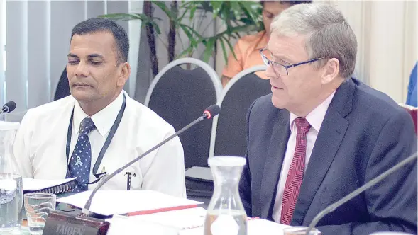  ?? Photo: Vilimoni Vaganalau ?? From left: Ministry of Health, acting principal Accountant, Sanjay Chand and Permanent Secretary for Health and Medical Services, Philip Davis making their submission before the Public Accounts Committee in Parliament on April 7, 2017.