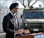  ?? ANDREA PEACOCK/The Daily Courier ?? National Defence Minister Harjit Sajjan announces a national summer employment program through the Canadian Armed Forces in Kelowna Tuesday.