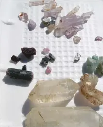  ??  ?? Our finds at the Oceanview Mine included kunzites, tourmaline­s, aquas, and large quartz crystals.