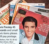  ??  ?? Elvis Presley 45 records and small Elvis items please. Will pay postage. J Walters, Flat 18, 58-62 Hafan Dirion, West Parade, Rhyl LL18 1HL