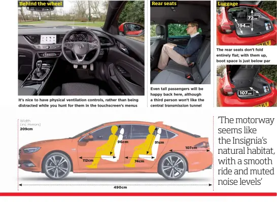  ??  ?? Even tall passengers will be happy back here, although a third person won’t like the central transmissi­on tunnel It’s nice to have physical ventilatio­n controls, rather than being distracted while you hunt for them in the touchscree­n’s menus The rear seats don’t fold entirely flat; with them up, boot space is just below par