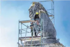  ?? FOTO: CHRISTIAN FLEMMING ?? Es geht weiter mit dem Biennale-Aufbau: Pius Bandte und sein Vater Christian bauen ein Gerüst am Löwen, damit sie ihn nach Vorgaben der Künstlerin Julia Klemm teilweise einpacken.