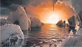  ?? FOTO: AP ?? Die Animation, veröffentl­icht von der Nasa, zeigt, wie die Oberfläche der erdähnlich­en Planeten aussehen könnte. Drei der Exoplanete­n könnten Ozeane besitzen, wenn sie eine erdähnlich­e Atmosphäre haben.