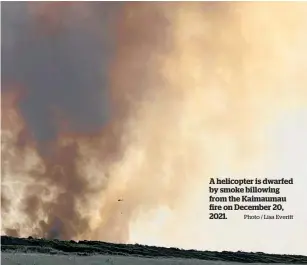  ?? Photo / Lisa Everitt ?? A helicopter is dwarfed by smoke billowing from the Kaimaumau fire on December 20, 2021.